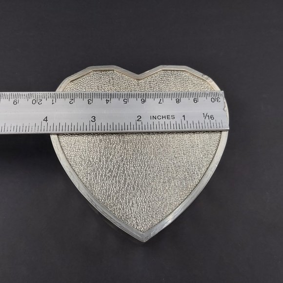 Zinc Alloy Silver Plated Heart Shaped Trinket Box with Gold  Bow 4 x 4 x 2 inch - Picture 12 of 14